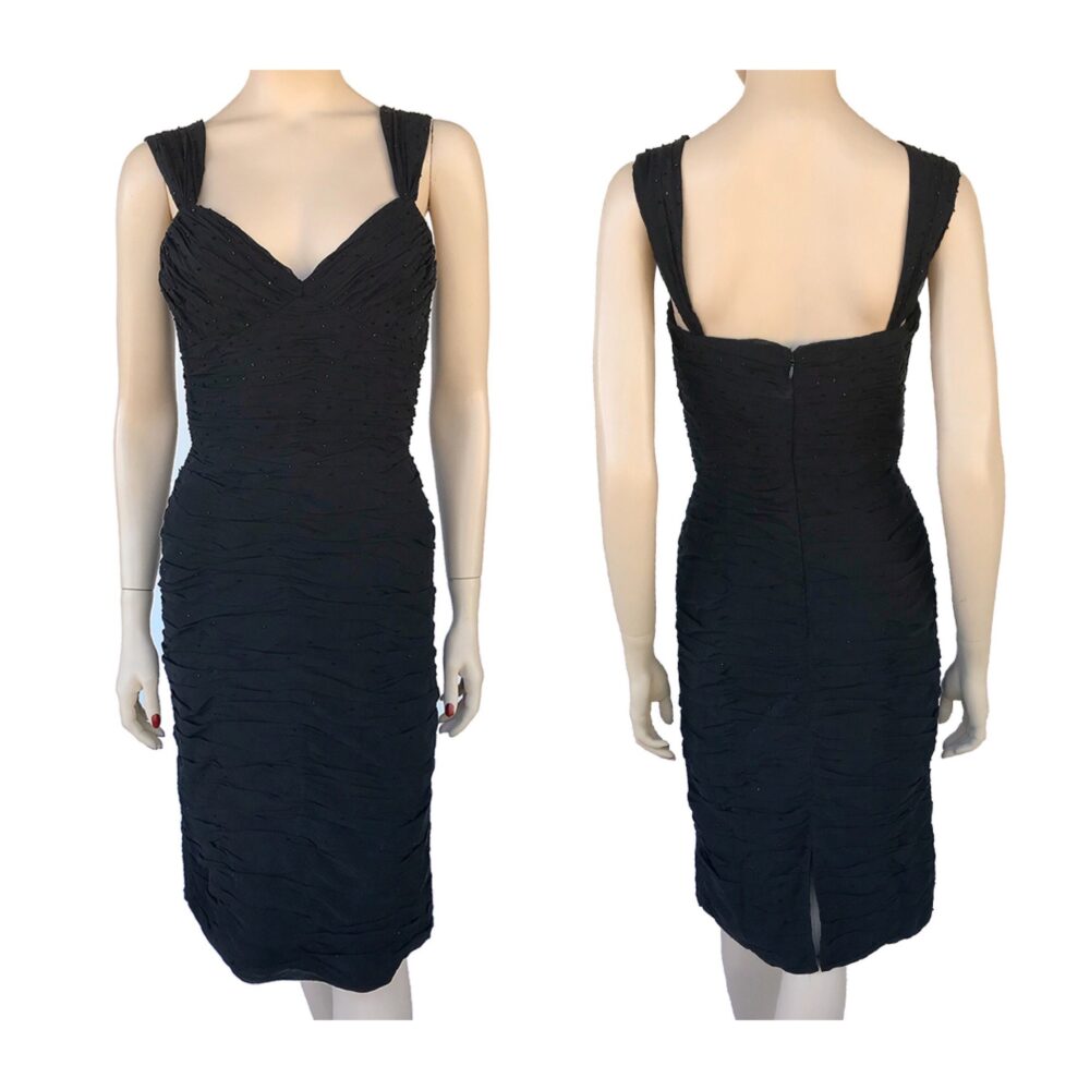 Silk Beaded Dress Wiggle Sleeveless Little Black Evening Size 4-Black Dress-Minimalist-Vintage Dress-Gift For Her-Gift