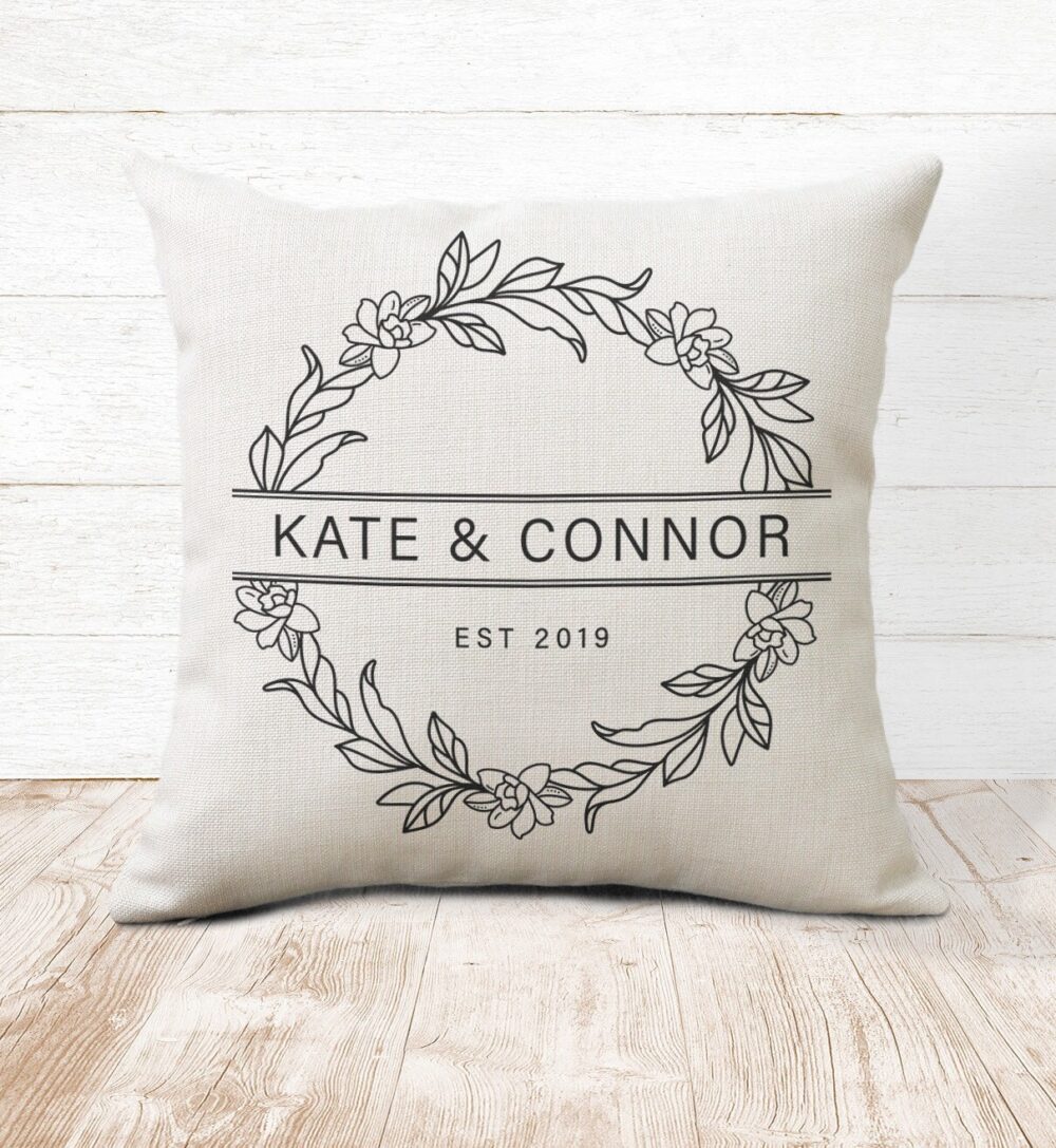 Personalized Wedding Pillow Cover Custom Name & Date Wreath
