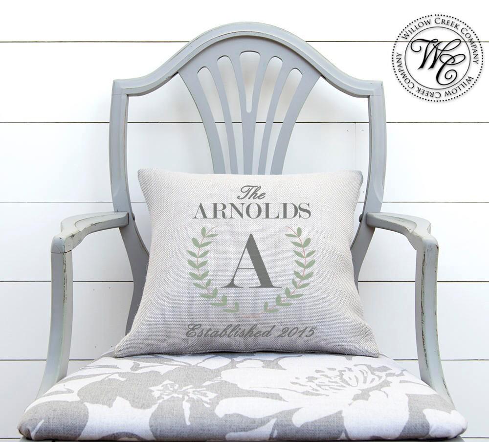 Personalized Linen Wedding Pillow French Country Family Name Gift