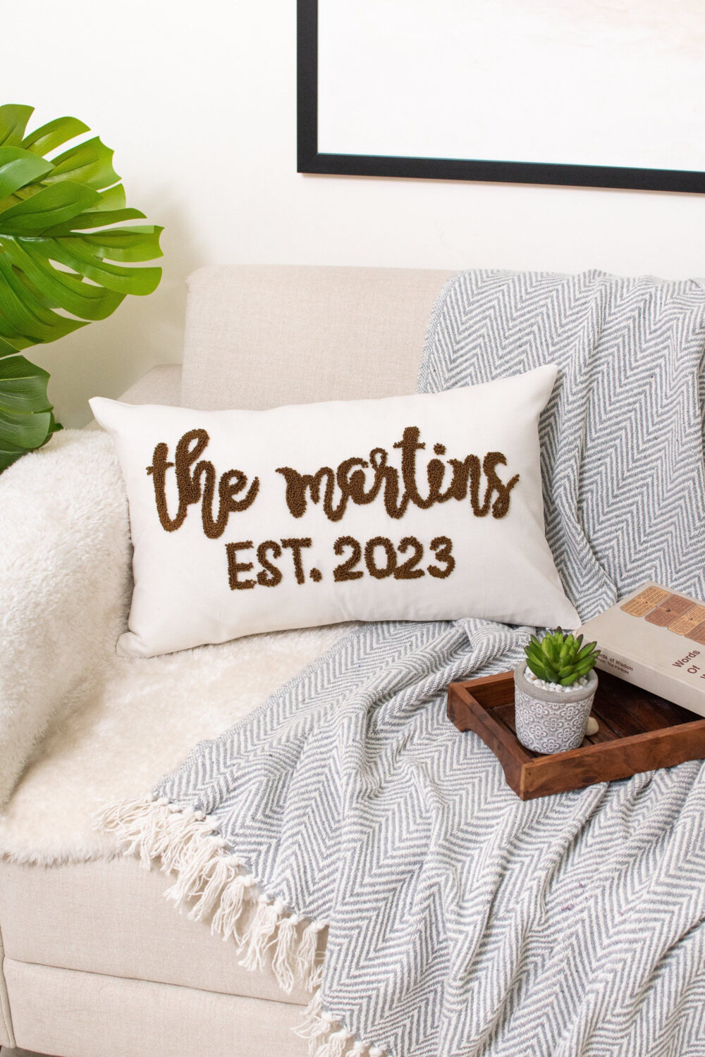 Custom Embroidery Wedding Gift Pillow Cover, Personalized Family Name Shower Gift, Engagement Couple