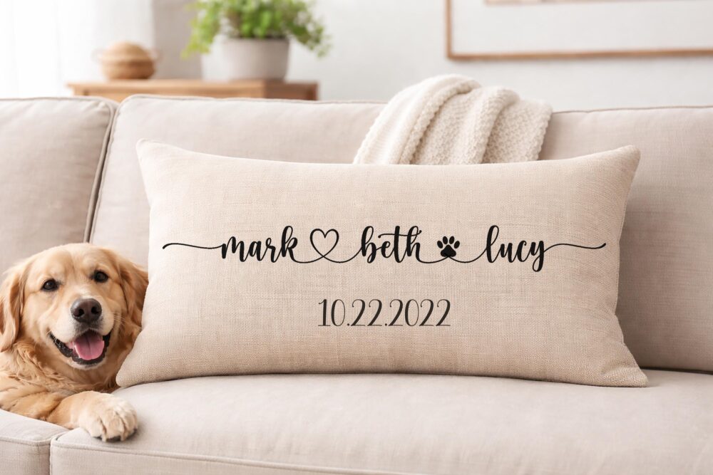 Wedding Gift Pillow - Personalized Couple Names With Heart & Dog's Name, Custom Date Keepsake