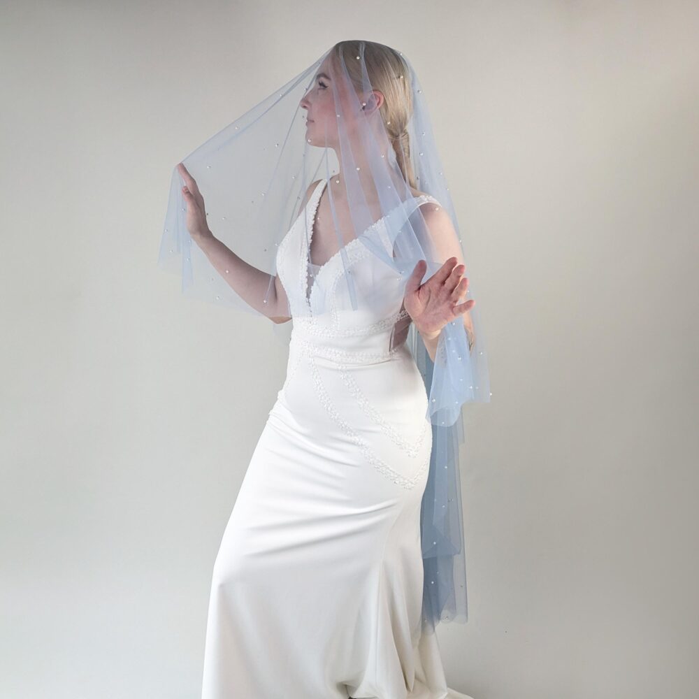 Dusty Blue Pearl Wedding Veil Tulle Blusher With Comb