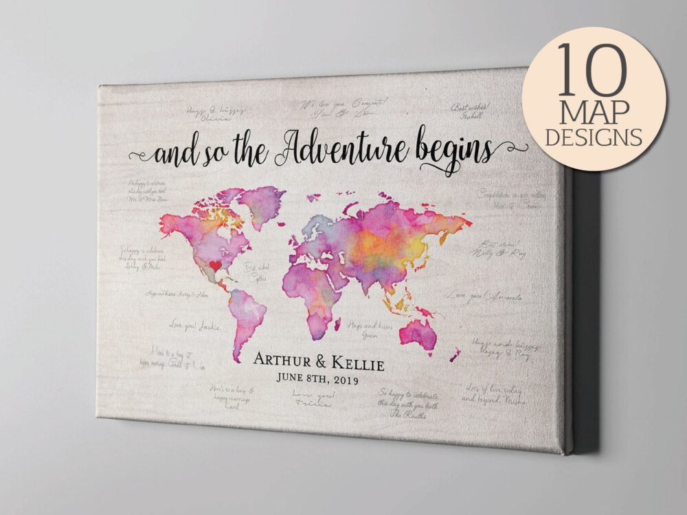 Canvas Guest Book, Watercolor World Map Signature Guestbook, Destination Wedding Travel Themed Guestbook Memento - Cgb219