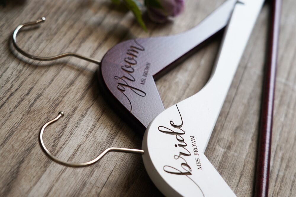 Personalized Wedding Hangers Set, Bride & Groom Name, Custom Engraved Solid Wood, Bridal Dress & Suit, Keepsake Gift
