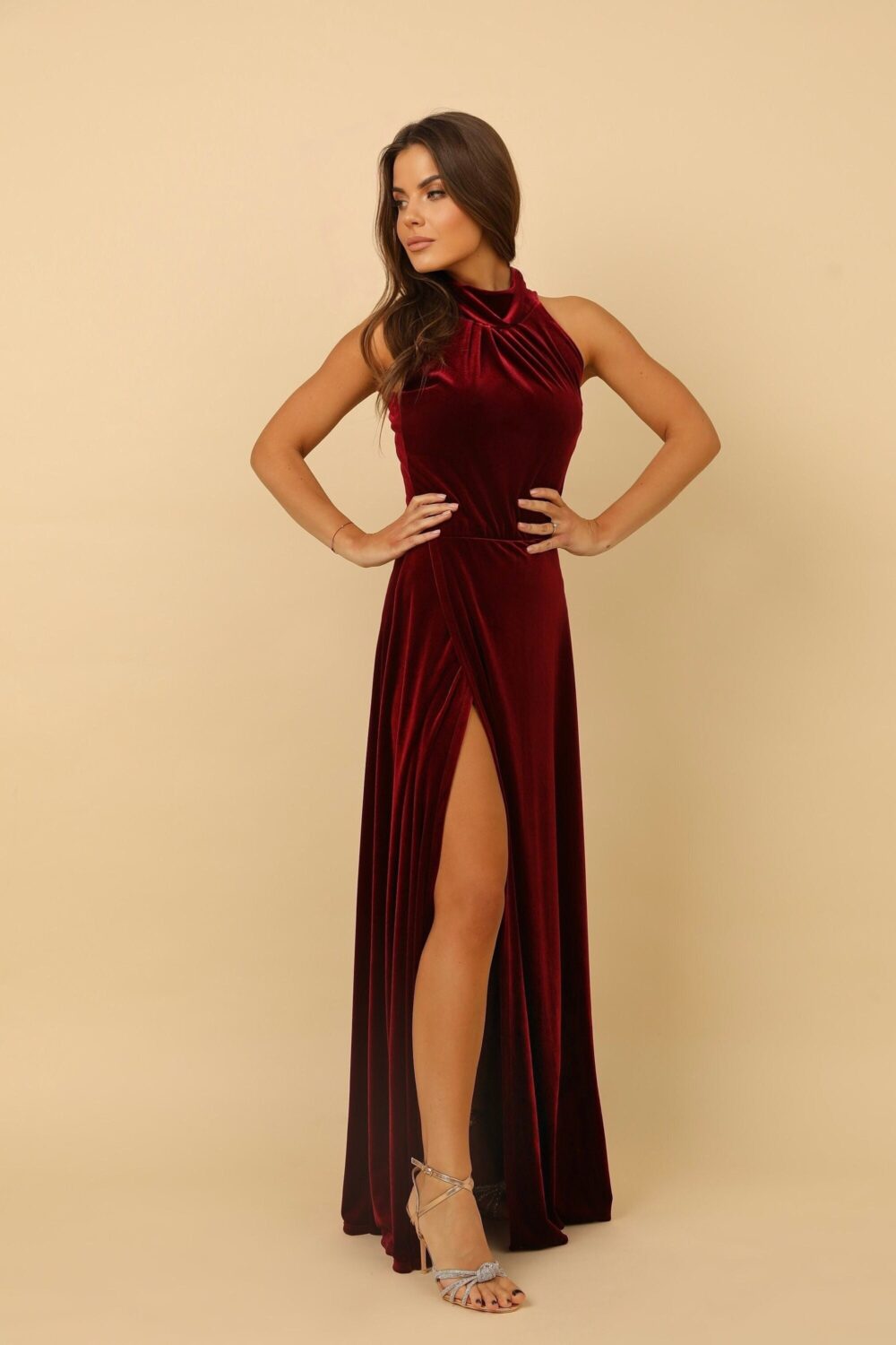Burgundy Velvet Maxi Dress, Sleeveless Formal A-Line Gown