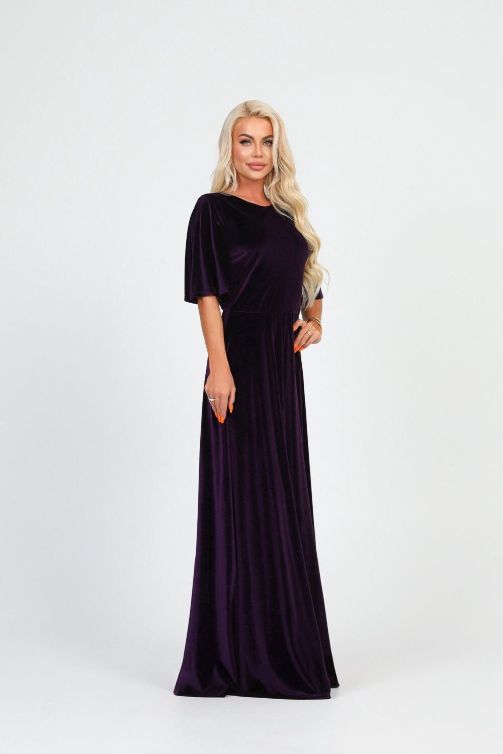 Plum Velvet Maxi Dress, A-Line Flare Sleeve Formal Gown, Elegant Evening Bridesmaid Dress