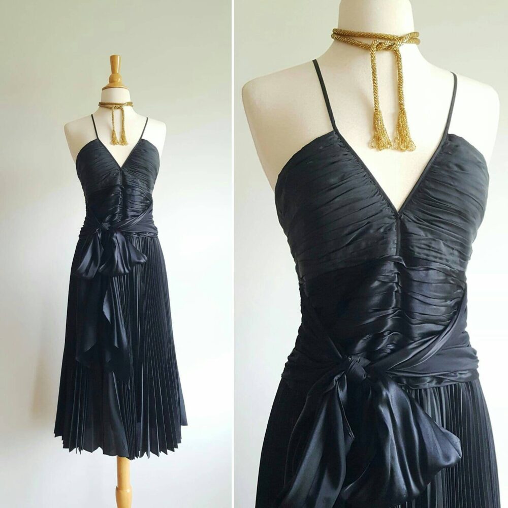 Vintage Black Silk Halter Ruched Party Dress, Fit & Flare A-Line Formal Gown, Dramatic Plunge Neck Pleated Skirt, 1930S Flapper Style