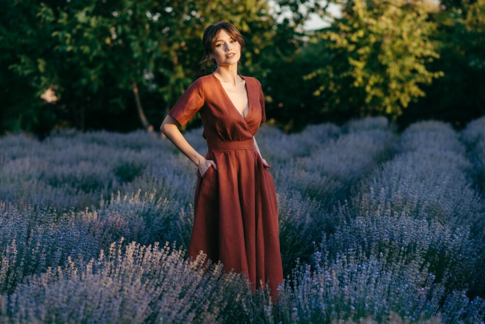 Long Linen Wrap Dress - Terracotta Wedding Guest & Bridesmaid With Full Skirt