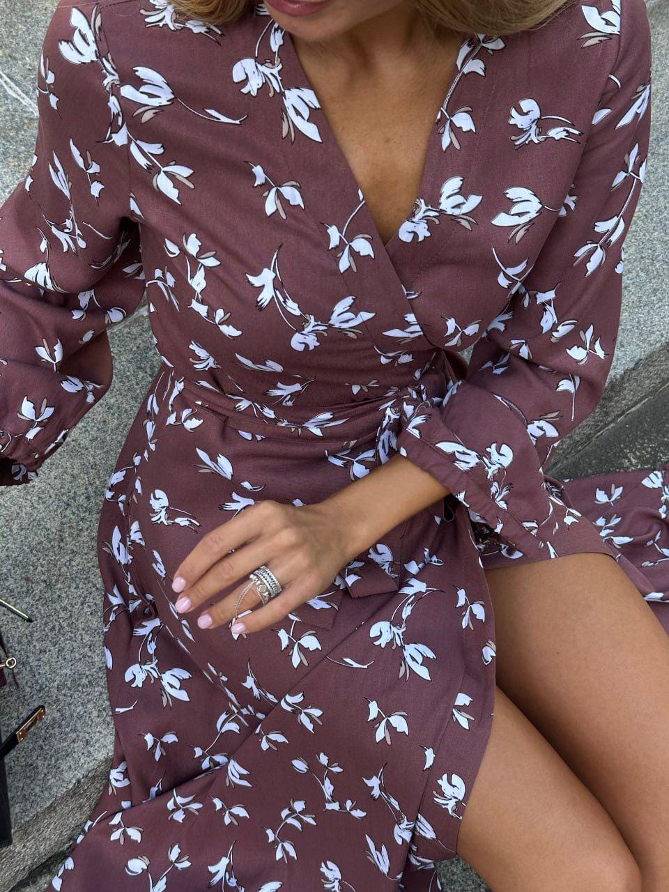 Floral Cotton Wrap Dress, Brown Long Sleeve Dress With Pockets