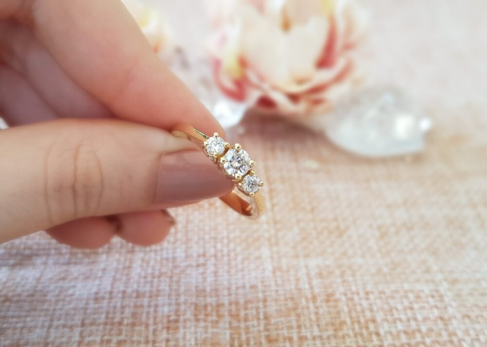 3 Stones Diamonds Engagement Ring, Round Moissanite Wedding Gold Diamond Ring, Gift For Her, 14K Gold Ring, Valentine Day Gift/Handmade