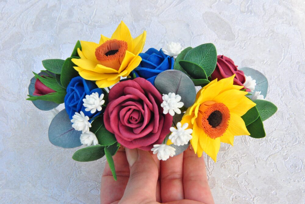 Sunflower Wedding Hair Comb, Burgundy Rose & Babys Breath Piece