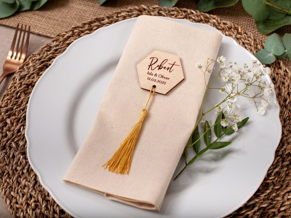 Personalised Wooden Hexagon Place Cards, Engraved Wedding Name Tags, With Or Without Tassel, Rustic Boho Table Decor, Settings