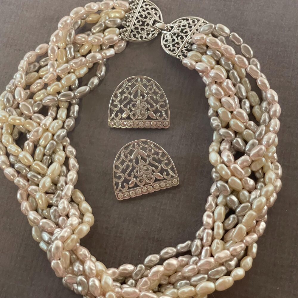 Vintage Monet Multi Strand Faux Pearl Necklace Set With Clip Earrings Wedding Mother Of Bride Jewelry