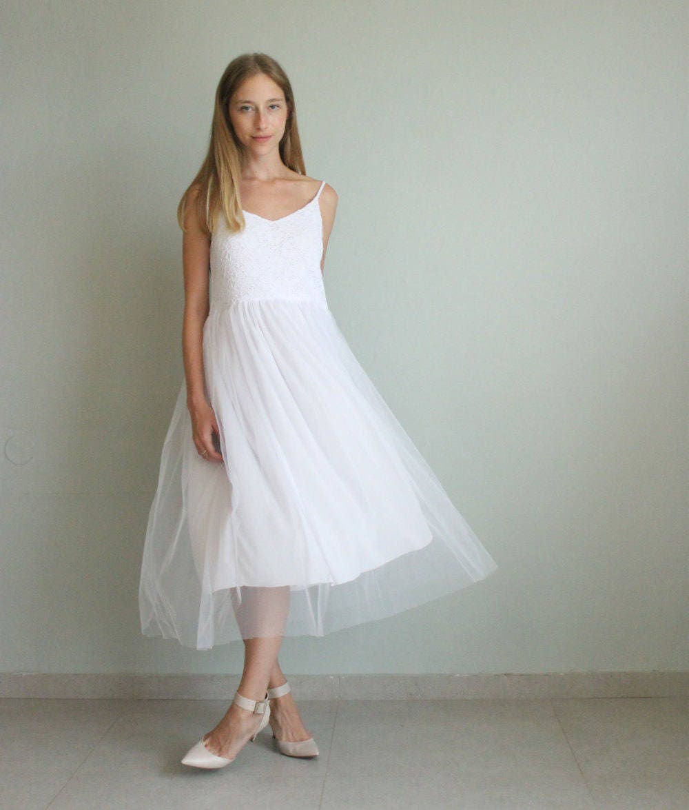 Lace Tulle Midi Wedding Dress, Bohemian Beach Gown