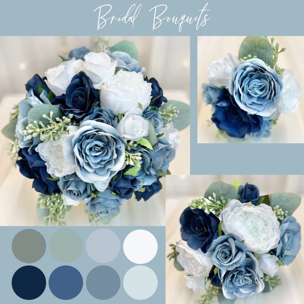 Slate Blue Wedding Bouquet Silk Mini Roses, Eucalyptus Bridal Flowers