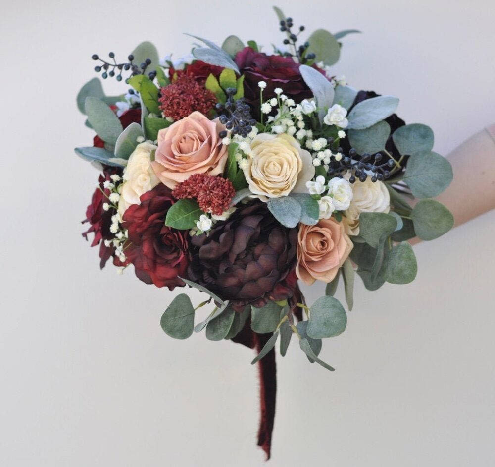 Silk Wedding Bouquet, Brides Boho Red, Burgundy, Pink, Cascade Bride, Destination Wedding