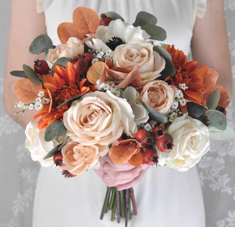 Fall Wedding Bouquet Silk Orange Flowers, Eucalyptus Greenery
