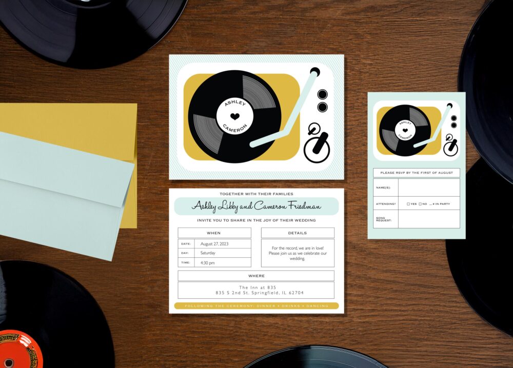 Printable Record Player Wedding Invitation, Retro Invitations, Music Theme, Digital Download Kit, Vinyl Invitation