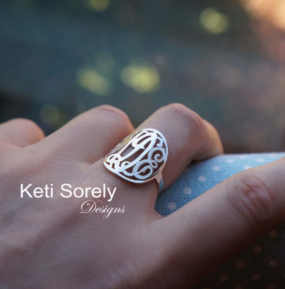 10K, 14K Or 18K Solid Gold Monogram Ring, Personalized Initials With Frame in Yellow, Rose White Gold