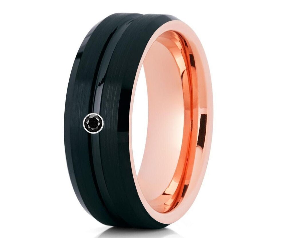 Black Diamond Wedding Ring, Black Ring, Tungsten Carbide Ring, Men & Women, 8mm Ring, 6mm Ring, Rose Gold Ring, Comfort Fit Band