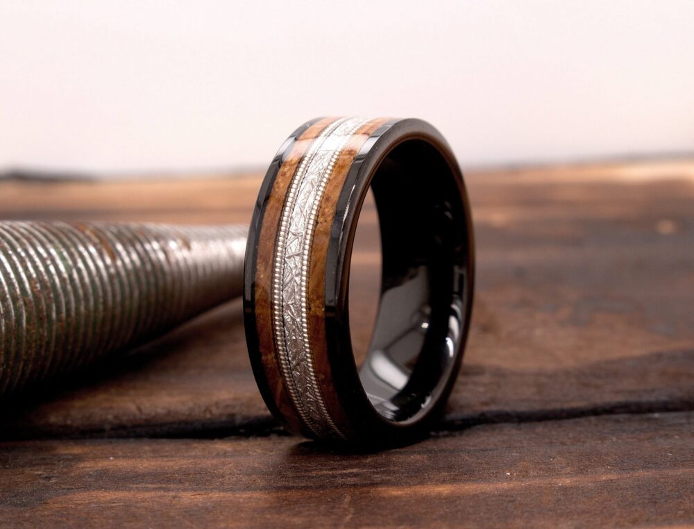 Wood Wedding Band - Tungsten Ring Mens 8mm Wooden Meteorite Black