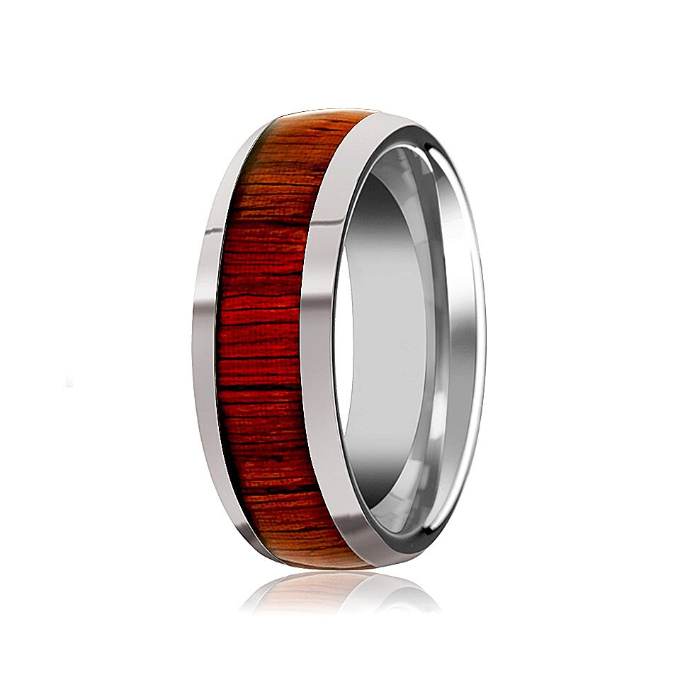 Tungsten Wood Wedding Bands, Ring, Padauk Wood, Band, Polished Finish, 8mm, Ring