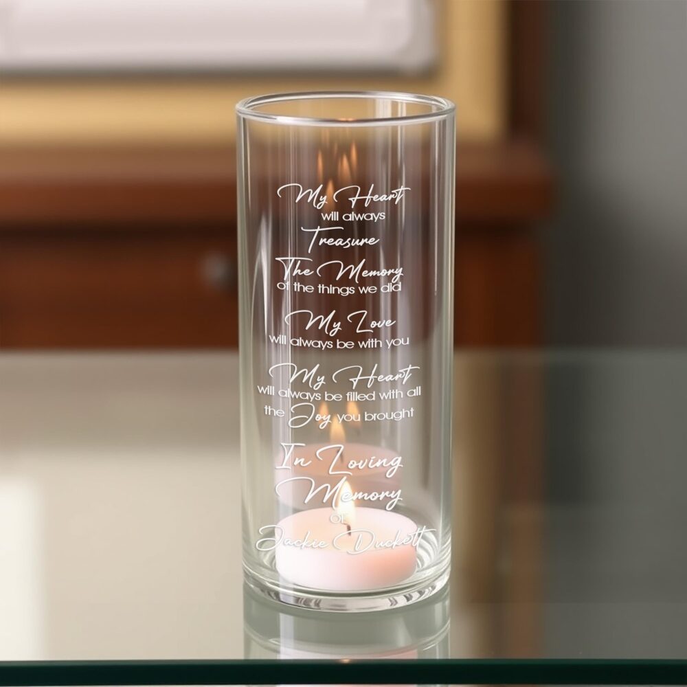 Personalized Memorial Vase - "My Heart Will Always Treasure The Memory" Floating Candle, Engraved in Loving Memory Cylinder