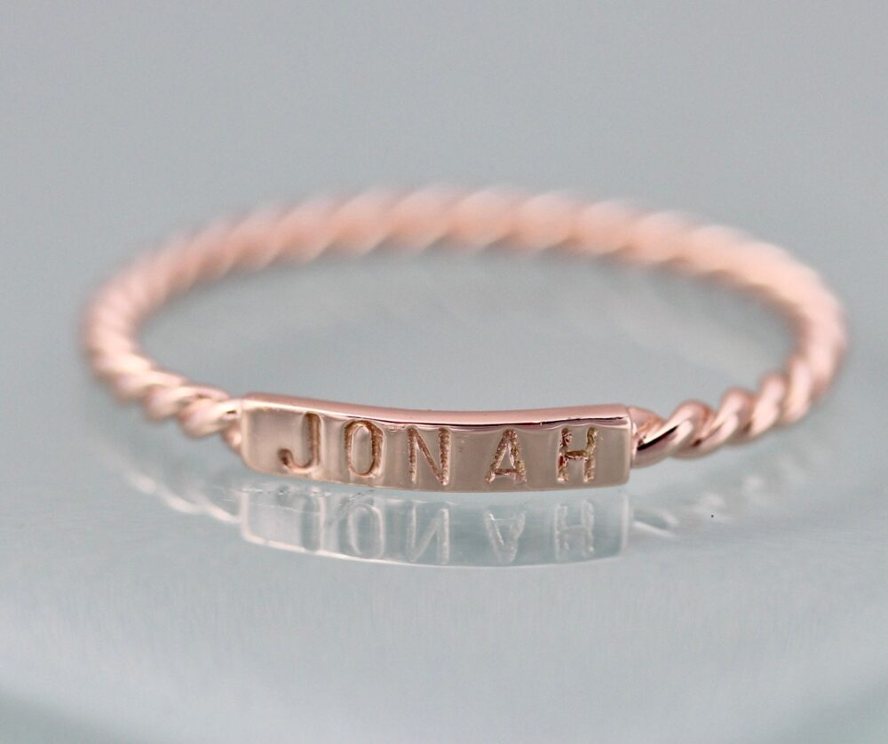 Name Ring Rose Gold Id Twist Baby Personalized Word Inspirational 14K Solid Band Stackable Eco Recycled Yellow Or 18K Option