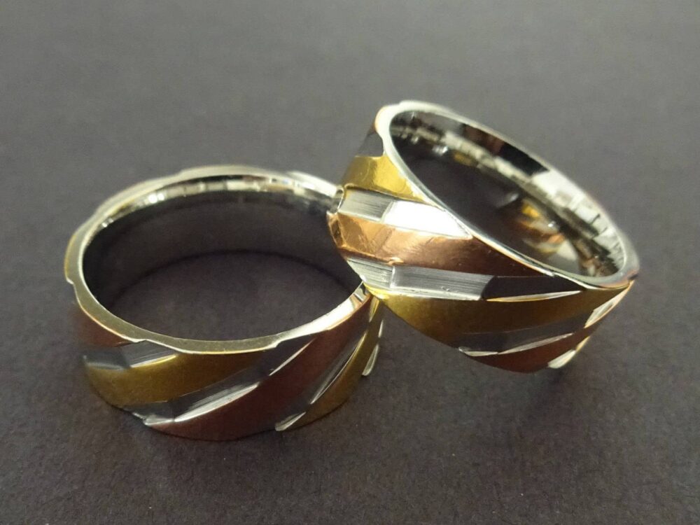 Tricolor Stainless Steel Ring, Band, Lined Wide Silver, Rose Gold & Yellow Color, Tri Color