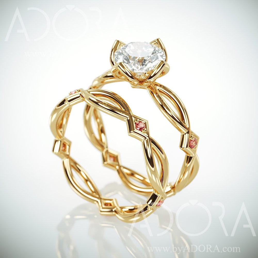Handmade Ruby Celtic Bridal Ring Set | 14K Gold Wedding Band With Charles & Colvard Forever One Moissanite & Rubies