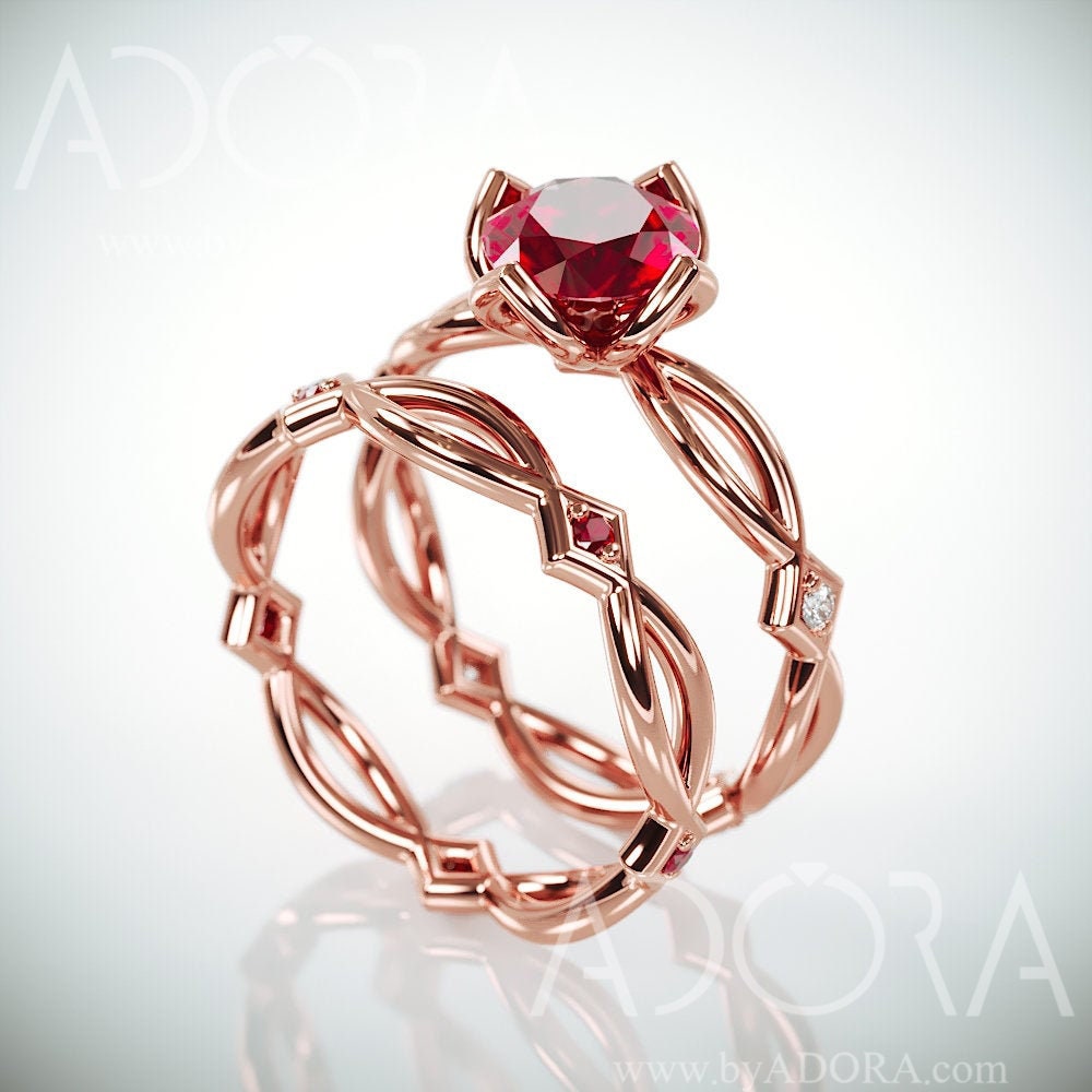 Handmade Ruby Bridal Ring Set | 14K Rose Gold Wedding Band With Natural & Diamonds