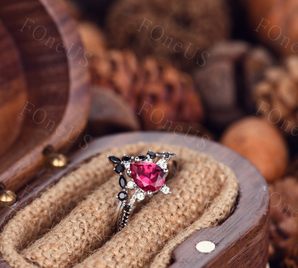 Vintage Ruby Engagement Ring Set White Gold & Black Diamond Wedding Unique Curved Stacking Band Art Deco Bridal