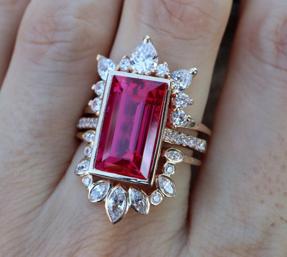 Rectangle Ruby Halo Bridal 3 Ring Set - 14K Gold Large Emerald Engagement Set with 2 Wedding Band - Cut Red Stone