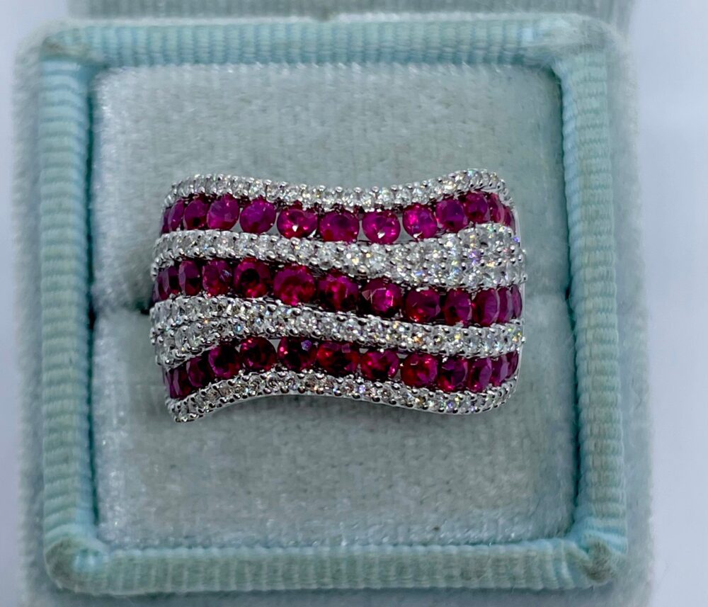 Ruby Diamond 18K White Gold Wide Band Ring