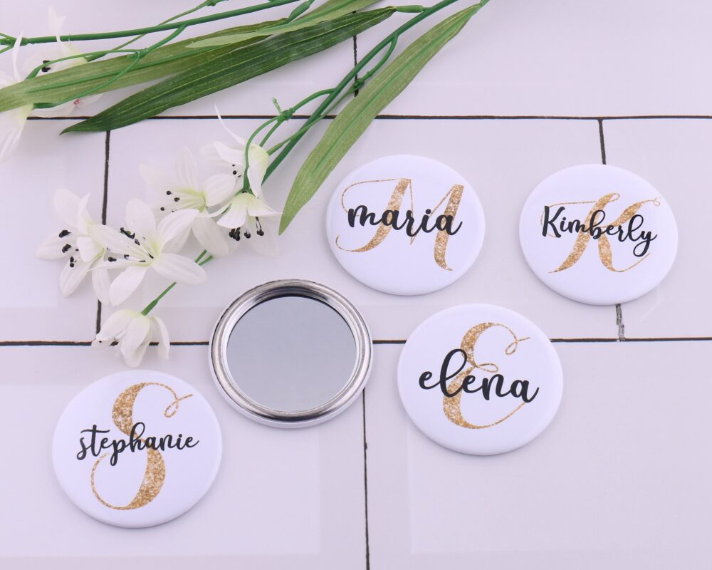 Personalized One-Sided Compact Mirror Your Name Initial Wedding Favor Monogram Junior Bridesmaid Bachelorette Gift Gold Alphabet Makeup