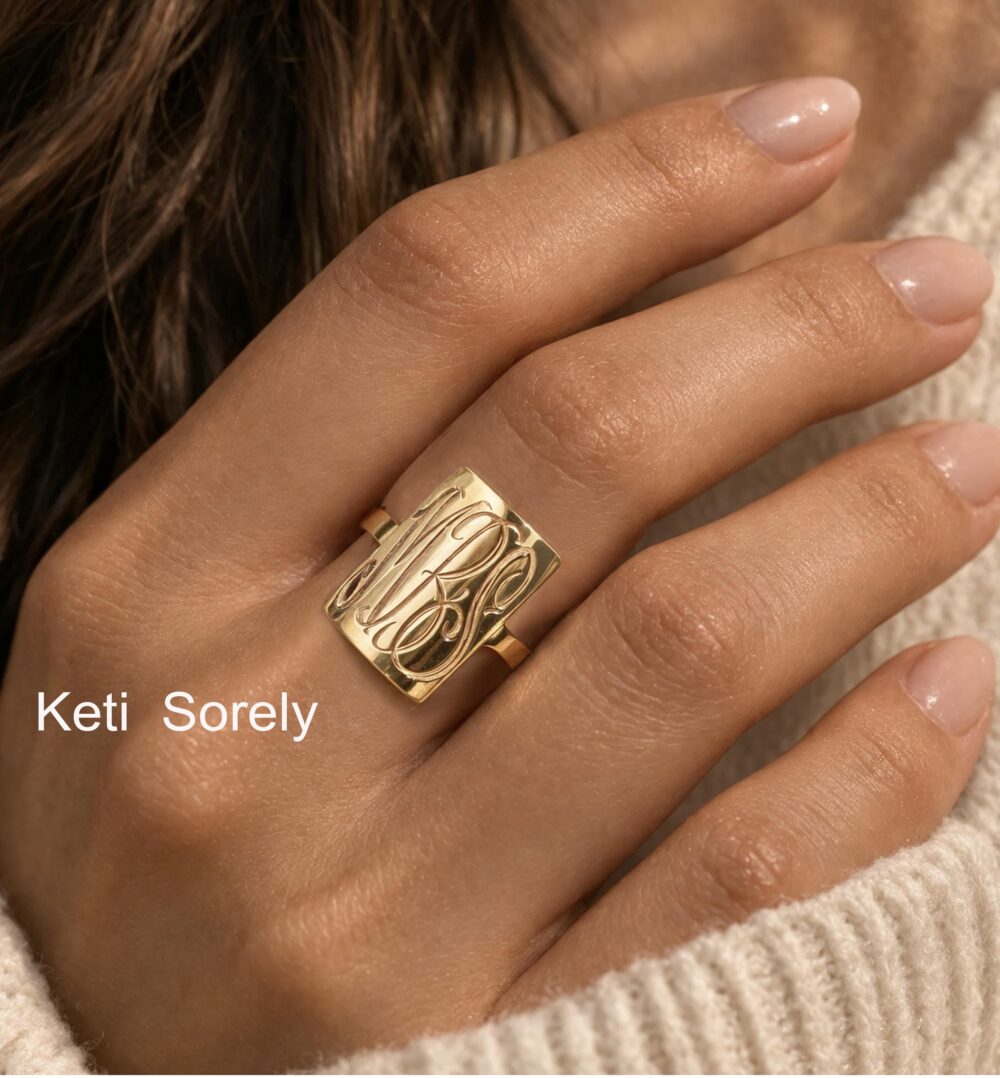 Hand Engraved Rectangle Monogrammed Initials Ring in Solid Gold Or Sterling Silver