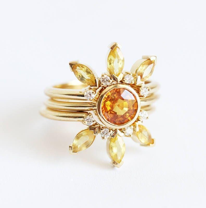 Yellow Sapphire & Diamond Set, Butterfly Engagement Ring, Unique Sun Alternative Wedding Set