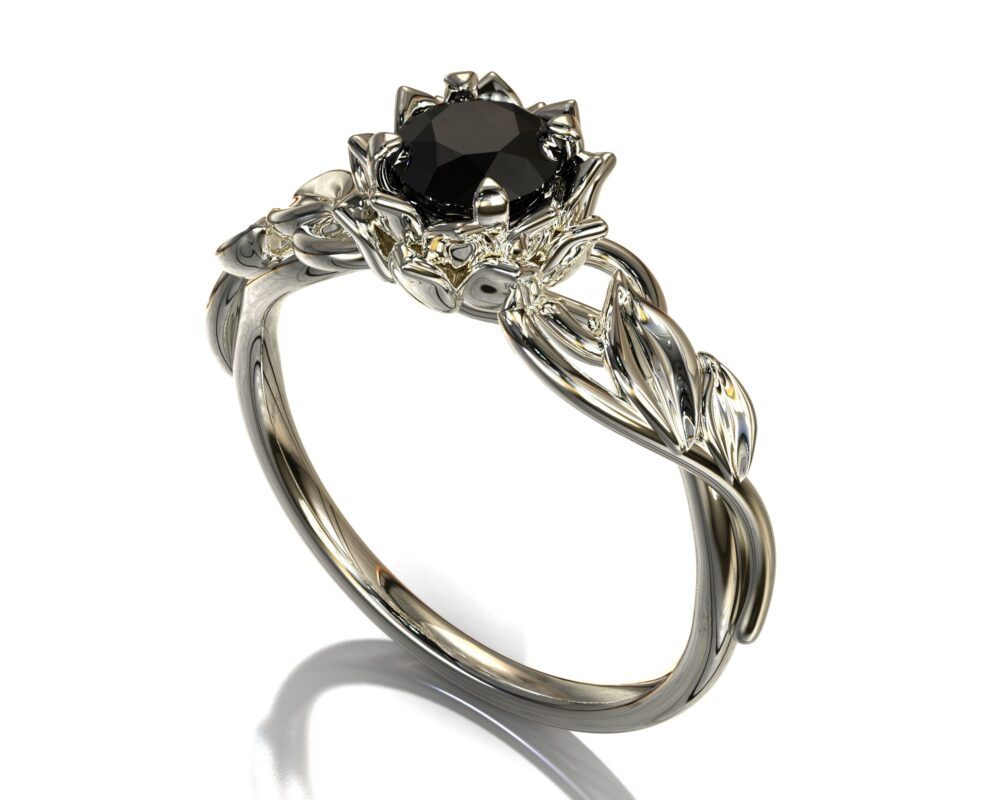 Black Diamond Engagement Ring, Flower Floral Leaves Leaf Ring Diamond
