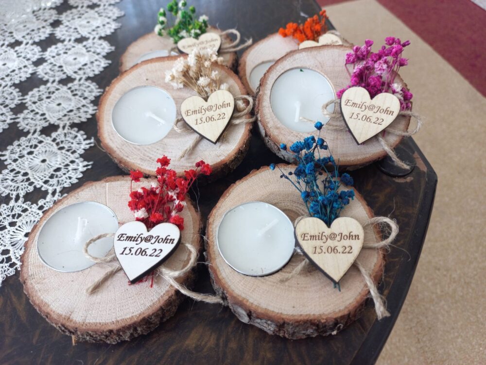 Personalized Wedding Favor, Rustic Wood Candle Holder, Dried Flowers