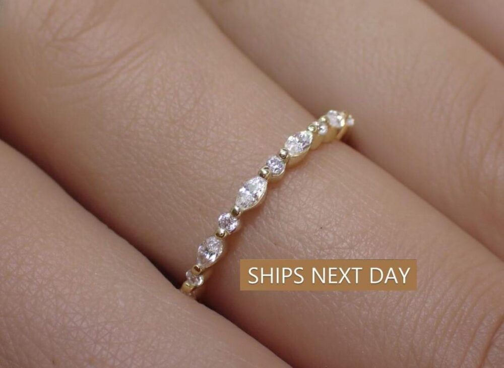 Vintage Diamond Wedding Band, Marquise Cut Half Eternity Stacking Ring, Art Deco Engagement Christmas Gift For Her