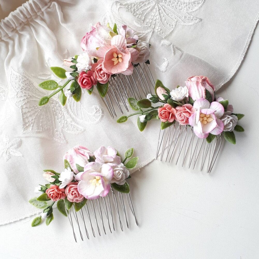 Pink Bridal Floral Hair Comb Wedding Flower Piece