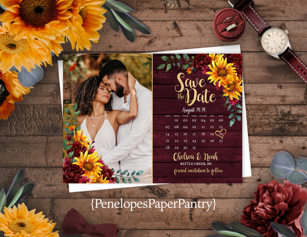 Rustic Sunflower Save The Date Card, Fall Wedding Photo Calendar