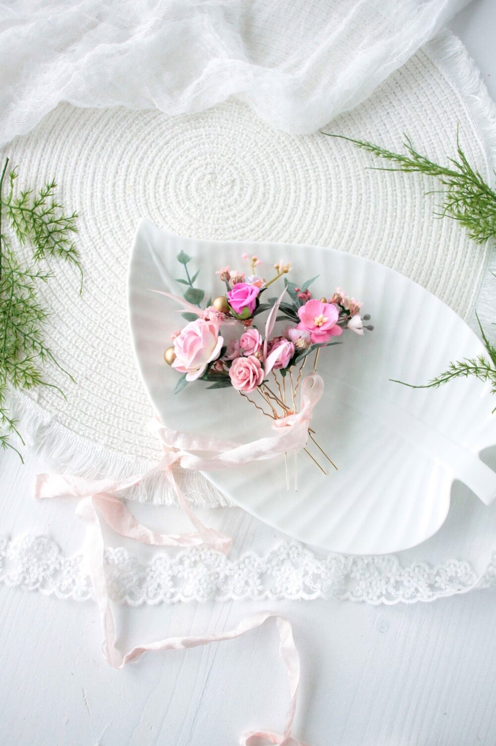 Blush Pink Floral Hair Pins, Wedding Accessories, Set Of 5, Bridal & Bridesmaid