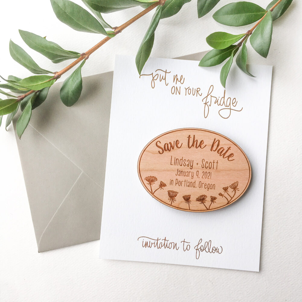 Personalized Queen Anne's Lace Wood Save The Date Magnets - Unique Engraved Wedding Invitation