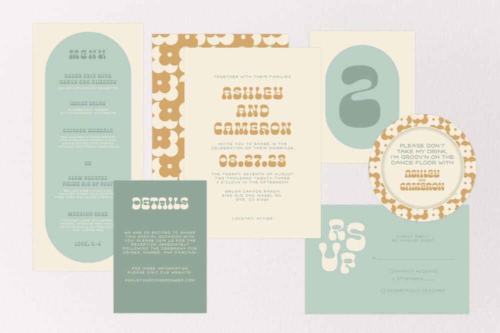 Printable Floral Retro Wedding Invitation Suite, Vintage Invites, Funky Wedding, 70S 60S Green Invitations, Rsvp