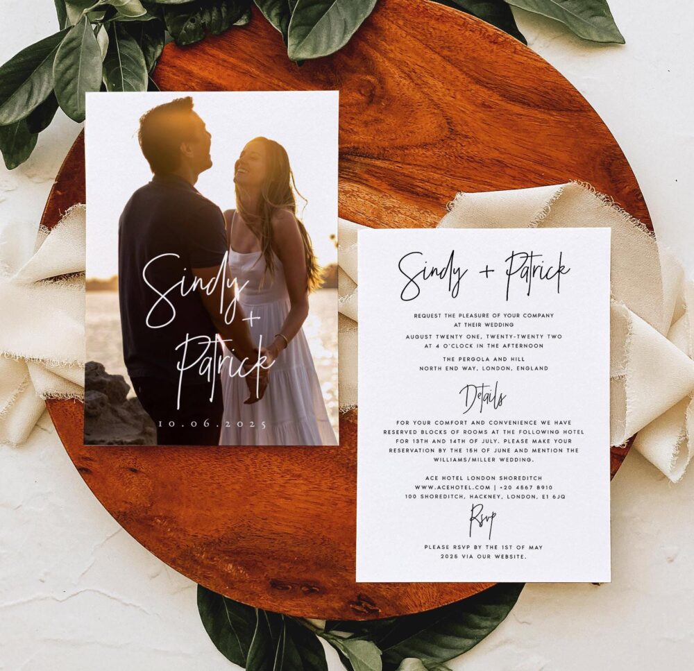 Printed Minimal Photo Wedding Invitation, Free Envelopes, Modern Boho Invitation #sndy