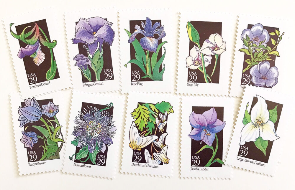 10 Vintage Wildflower Wedding Postage Stamps, 29 Cent Unused, Purple Floral | Scott 2647