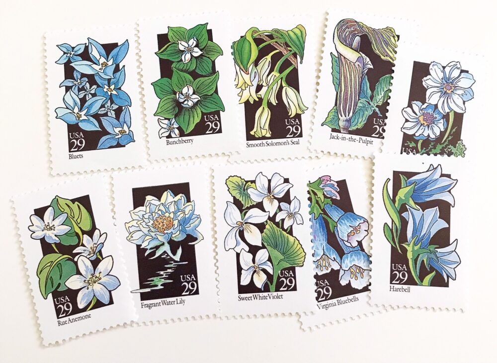 10 Unused Vintage Blue & White Flower Wedding Postage Stamps/Wildflower Floral 29 Cents