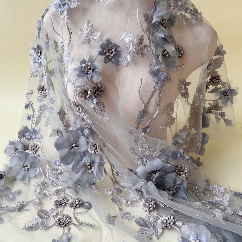 3D Flower Lace Tulle Sparkling Rhinestone Embroidery Fabric For Ballgown Dress