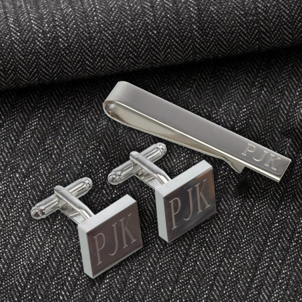 Silver Square Cufflinks & Tie Clip Gift Set For Groomsmen, Personalized Groomsmen Gifts, Cuff Link Bar Groom, Best Man